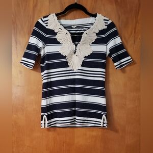 J. Crew Striped Knit Top Tee Shirt with Rope  Embroidered Collar  size XS